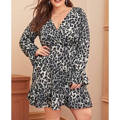 

Women's Midi Dress Leopard Long Sleeve Leopard Patchwork Fall V Neck Fashion Winter Dress Fall Dress Linen L XL 2XL 3XL 4XL