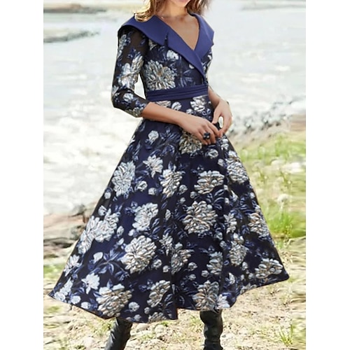 

Women's Swing Dress Midi Dress Midi Dress Navy Blue 3/4 Length Sleeve Floral With Belt Print Fall Winter Shirt Collar Stylish Modern 2022 S M L XL XXL 3XL