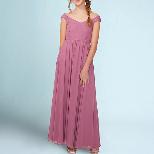 

A-Line Ankle Length V Neck Chiffon Junior Bridesmaid Dresses&Gowns With Ruching Wedding Party Dresses 4-16 Year