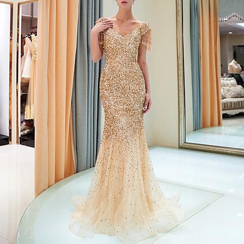 

Women's Party Dress Sequin Dress Sheath Dress Long Dress Maxi Dress Champagne Short Sleeve Pure Color Sequins Winter Fall Autumn Square Neck Evening Party Slim 2022 S M L XL