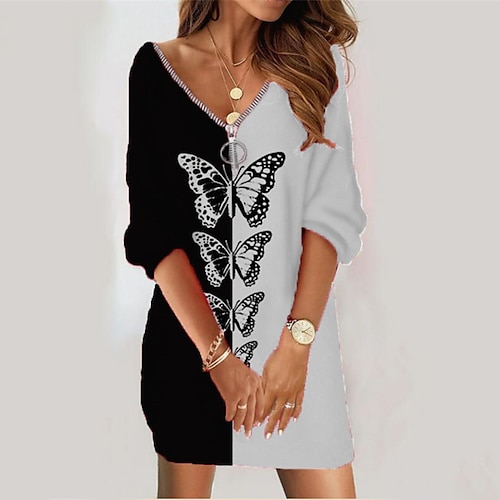 

Women's Sweatshirt Dress Winter Dress Black Light gray Dark Gray Gray White Long Sleeve Floral Color Block Butterfly Zipper Print Winter Fall V Neck Vacation Casual Fall Dress Loose Fit 2022 S M L XL