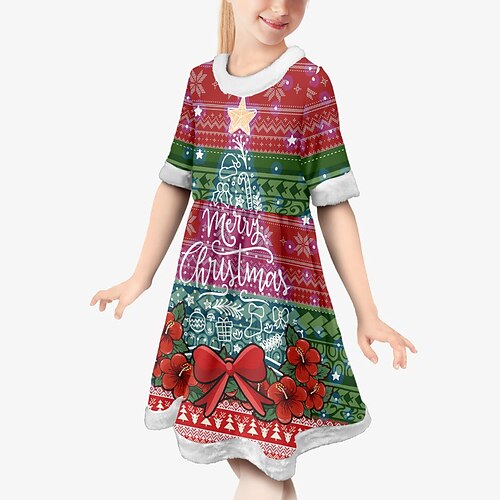 

Kids Girls' Ugly Christmas Dress Christmas Tree A Line Dress Christmas Gifts Green Blue Purple Above Knee Short Sleeve Adorable Sweet Dresses Christmas Fall Spring Regular Fit 3-8 Years