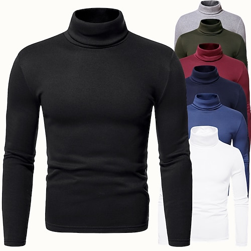 

Men's T shirt Tee Turtleneck shirt Solid Color Rolled collar ArmyGreen Blue Wine Navy Blue Gray Casual Long Sleeve Clothing Apparel Distressed Essential