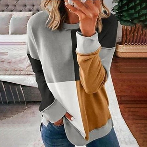 

Women's Sweatshirt Pullover Basic Pink and light gray Navy blue and orange Blue and orange Color Block Street Round Neck Long Sleeve S M L XL 2XL 3XL