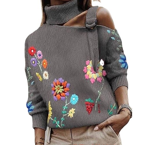 

Mujer Suéter de punto Puente Estriado Tejer Bordado De Punto Floral Cuello Alto Elegante Casual Exterior Festivos Invierno Otoño Gris Oscuro S M L / Manga Larga / Ajuste regular / Noche