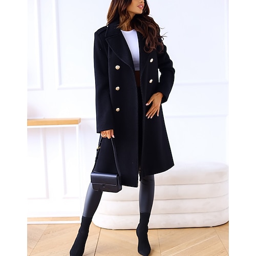 

Women's Trench Coat Comfortable Daily Wear Going out Button Double Breasted Turndown Elegant Plain Regular Fit Outerwear Long Sleeve Winter Fall Black Khaki Army Green S M L XL XXL
