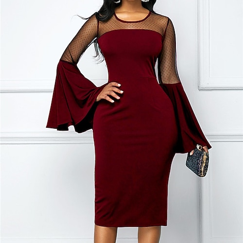 

Women's Work Dress Sheath Dress Midi Dress Black Wine Long Sleeve Pure Color Mesh Winter Fall Autumn Crew Neck Modern Slim 2022 S M L XL