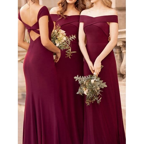 

Sheath / Column Bridesmaid Dress Off Shoulder Short Sleeve Vintage Floor Length Stretch Chiffon with Criss Cross / Solid Color 2022