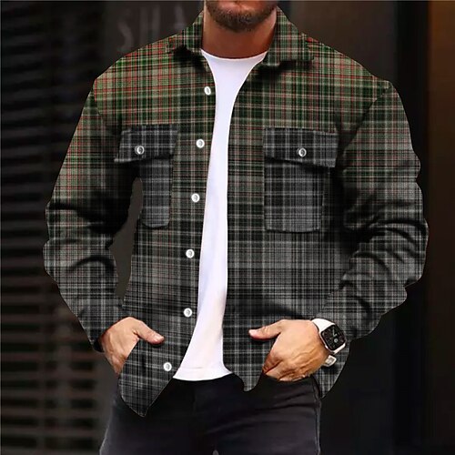 

Men's Jacket With Pockets Daily Wear Vacation Going out Single Breasted Turndown Streetwear Sport Casual Jacket Outerwear Plaid Front Pocket Print Blue Khaki Pale Blue