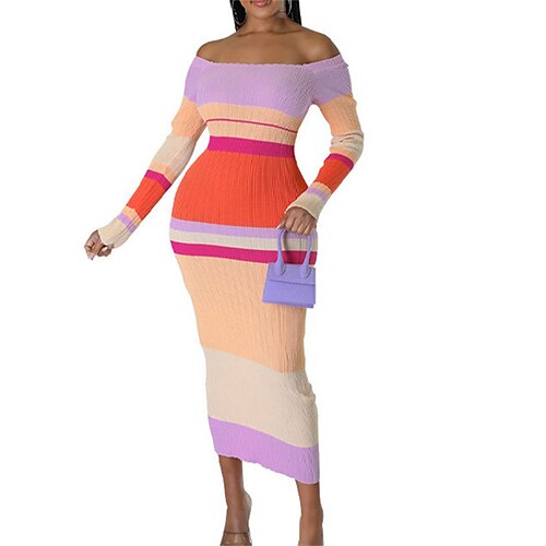 

Women's Sweater Dress Winter Dress Midi Dress Pink Long Sleeve Color Block Patchwork Knit Winter Fall Off Shoulder Stylish Modern 2022 S M L XL 2XL Sheath Dress