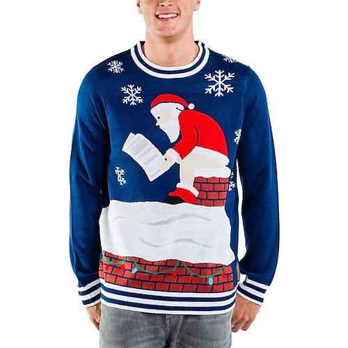 

Men's Sweater Ugly Christmas Sweater Pullover Sweater Jumper Ribbed Knit Cropped Knitted Santa Claus Crew Neck Keep Warm Modern Contemporary Christmas Work Clothing Apparel Fall & Winter Blue S M L