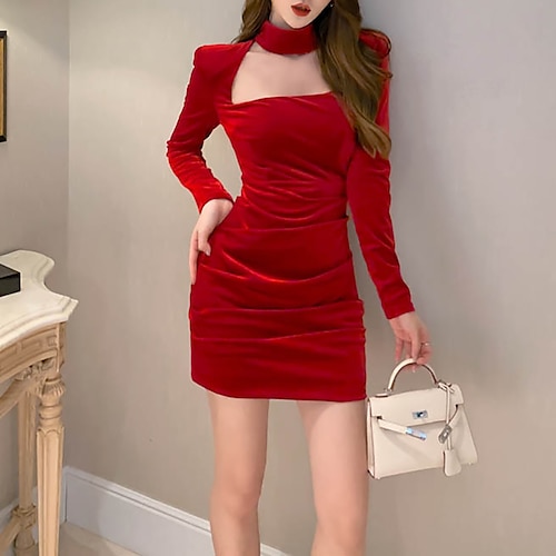 

Women's Velvet Dress Red Holiday Dress Red Long Sleeve Pure Color Ruched Velvet Winter Fall Square Neck Party Elegant Fall Dress Slim 2022 S M L Winter Dress Sheath Dress