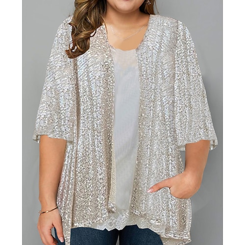 

Women's Plus Size Curve Jacket Plain Holiday Long Sleeve Open Front Regular Fall Winter Silver L XL XXL 3XL
