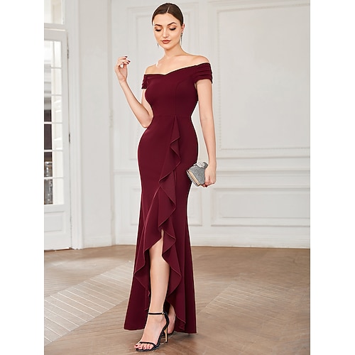 

A-Line Party Dresses Minimalist Dress Wedding Guest Asymmetrical Sleeveless Off Shoulder Polyester with Ruffles 2022