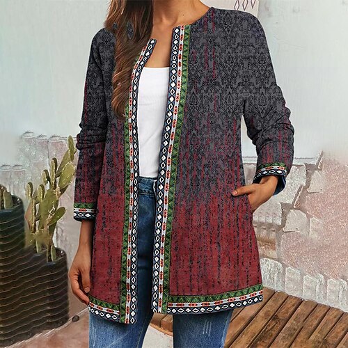 

Women's Casual Jacket Warm Breathable Street Daily Wear Going out Park Pocket Print Cardigan Collarless Casual Street Style Floral Regular Fit Outerwear Long Sleeve Winter Fall Green Light Grey Sky