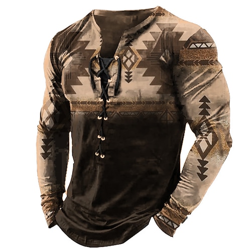 

Homens Camiseta Camisetas Gráfico Tribal Colarinho Marron Impressão 3D Ao ar livre Rua Manga Longa Cordões Imprimir Roupa Básico Designer Casual Clássico