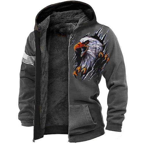 

Men's Fleece Jacket Full Zip Hoodie Fleece Hoodie Sherpa Jacket Dark Gray Hooded Animal Graphic Prints Eagle Zipper Print Sports Outdoor Daily Sports 3D Print Fleece Streetwear Designer Casual