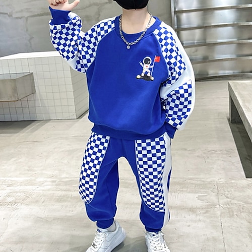 

2 Pieces Kids Boys Tracksuits Outfit Cartoon Plaid Long Sleeve Cotton Set Daily Winter Fall 7-13 Years Blue Light Green