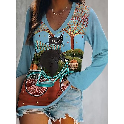 

Women's Sweatshirt Pullover Basic Blue Cat Street V Neck Long Sleeve S M L XL 2XL