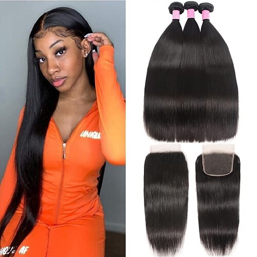 

Brazilian Human Hair Bundles with Closure (18 20 2216) 10A Straight Bundles with Closure 100% Unprocessed Virgin Quick Weave 3 Bundles Human Hair with Lace Closure Free Part