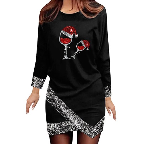 

Women's Christmas Casual Dress Shift Dress Mini Dress Wine Fuchsia Red Black Long Sleeve Plaid Letter Tree Print Winter Fall Crew Neck Vacation Casual 2022 S M L XL XXL 3XL