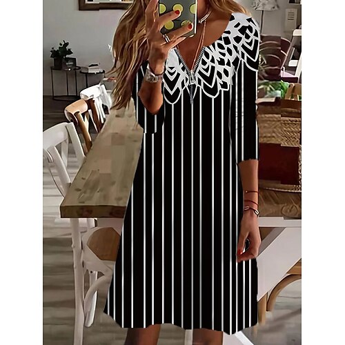 

Women's Casual Dress Blue Black Long Sleeve Print Zipper Print Winter Fall Crew Neck Casual Fall Dress 2022 S M L XL 2XL 3XL 4XL 5XL 6XL / Winter Dress