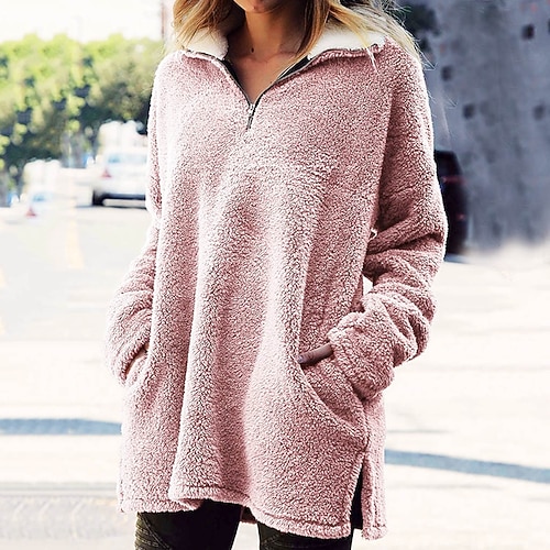 

Women's Sweatshirt Pullover Sherpa Fleece Teddy Zipper Pocket Black Pink Red Solid Color Christmas V Neck Long Sleeve Fleece S M L XL 2XL 3XL