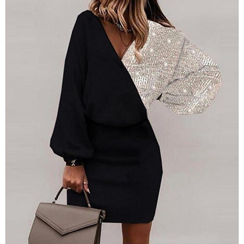 

Women's Sequin Dress Black Dress Mini Dress Black Long Sleeve Color Block Sequins Winter Fall V Neck Stylish Modern 2022 S M L XL 2XL 3XL