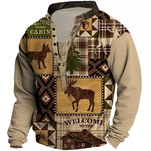 

Men's Unisex Sweatshirt Pullover Button Up Hoodie Brown Standing Collar Animal Graphic Prints Print Casual Daily Sports 3D Print Boho Streetwear Designer Spring & Fall Clothing Apparel Hoodies