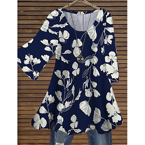 

Women's Plus Size Tops Blouse Shirt Floral Print 3/4 Length Sleeve Crewneck Casual Daily Holiday Cotton Spandex Jersey Fall Winter Navy Blue