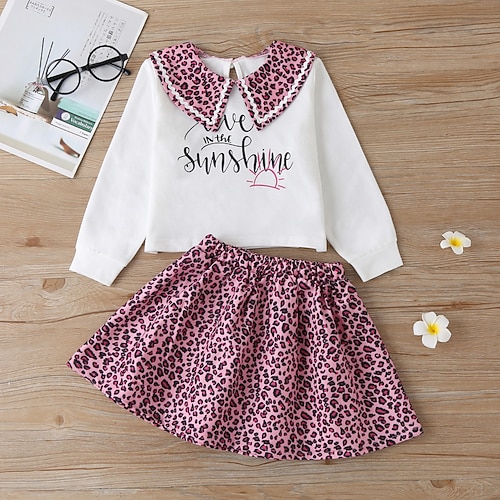 

Kids Girls' Leopard Crewneck Dress Suits Set Long Sleeve Fashion Outdoor Cotton 3-7 Years Winter Rose Red / Fall