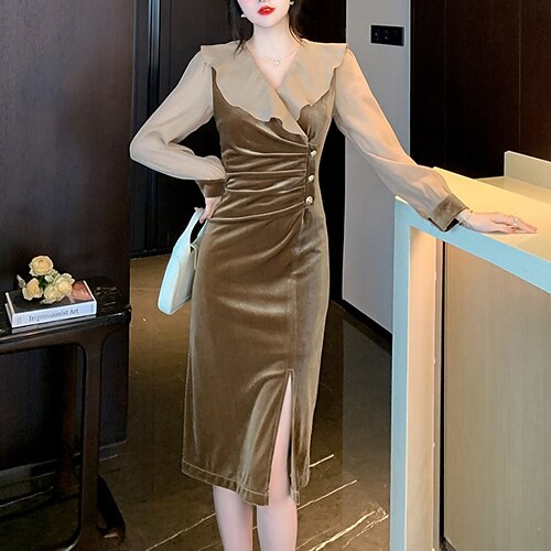 

Women's Velvet Dress Shift Dress Vintage Dress Black Khaki Long Sleeve Pure Color Ruffle Winter Fall Autumn V Neck Modern Winter Dress Fall Dress 2022 S M L XL 2XL