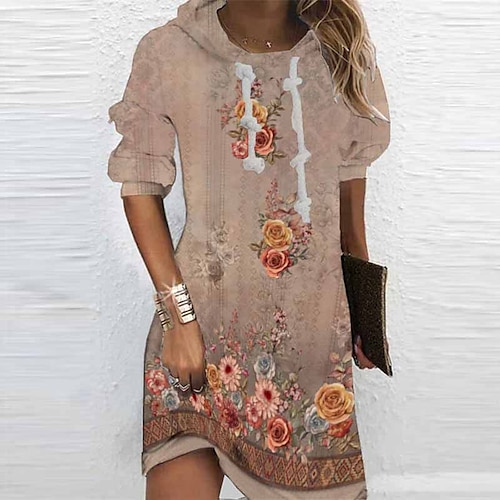 

Women's Hoodie Dress Winter Dress Khaki Long Sleeve Floral Print Winter Fall Hooded Vacation Casual Fall Dress 2022 S M L XL XXL 3XL