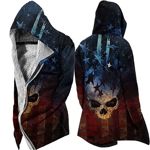 

Men's Jacket Fleece Lining With Pockets Halloween Vacation Going out Zipper Hoodie Streetwear Casual Comfort Jacket Outerwear Skull National Flag Front Pocket Fleece Print Blue