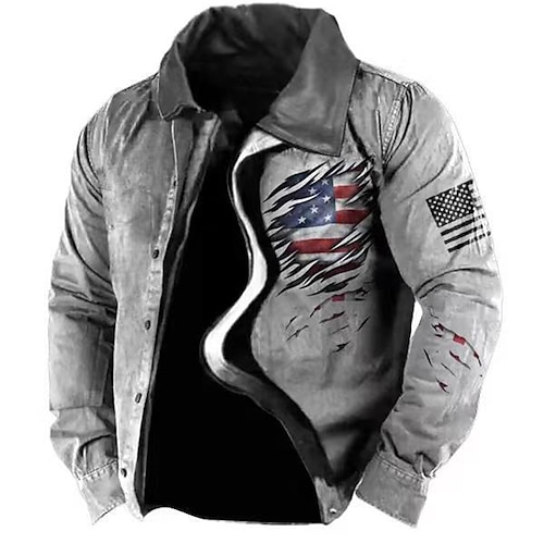 

Men's Coat With Pockets Daily Wear Vacation Going out Zipper Turndown Streetwear Casual Daily Outdoor Jacket Outerwear National Flag Splice Print Gray