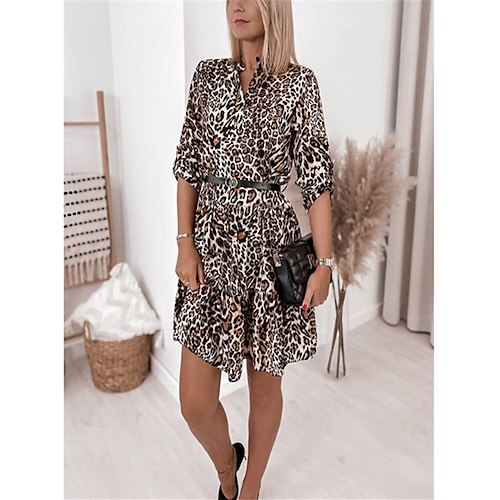 

Women's Holiday Dress Sheath Dress Midi Dress Brown Gray Half Sleeve Leopard With Belt Print Winter Fall V Neck Fashion Romantic Mature Party Fall Dress 2022 S M L XL 2XL 3XL