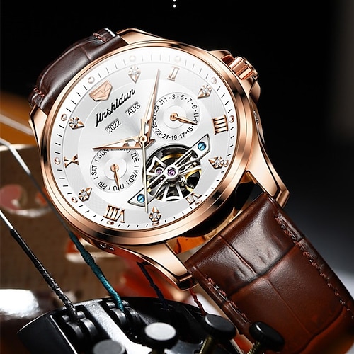 

Mechanische Uhr für Herren Analog Automatikaufzug Tourbillion leuchtend Stilvoll Outdoor Wasserfest Nachts leuchtend Legierung Echtes Leder Mode Maschine