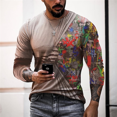

Men's T shirt Tee Color Block Graphic Prints Hand Crew Neck Blue Yellow Red Brown 3D Print Outdoor Street Long Sleeve Print Clothing Apparel Basic Sports Designer Casual