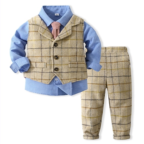 

3 Pieces Toddler Boys Shirt & Pants Clothing Set Outfit Plaid Long Sleeve Set Anniversary Fashion Winter Fall 3-7 Years khaki