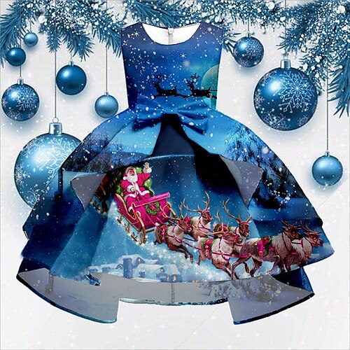 

Kids Girls' Christmas Dress Party Dress Elk A Line Dress Christmas Gifts Ruffle Crewneck Blue Navy Blue Light Blue Knee-length Sleeveless Elegant Beautiful Dresses 2-13 Years