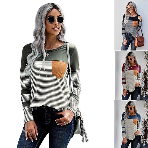 

Women's T shirt Tee Color Block Stripes Basic Round Neck Standard Spring, Fall, Winter, Summer Green Blue Red Black
