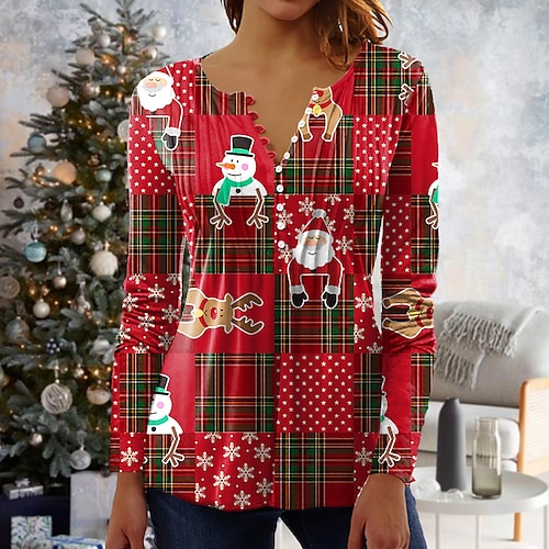 

Women's Christmas Blouse Shirt Maroon Wine Red Green Plaid Deer Button Print 3/4 Length Sleeve Christmas Streetwear Casual Round Neck Regular S