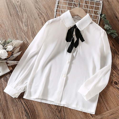 

Kids Girls' Blouse Long Sleeve Solid Color Button Puff Sleeve White Children Tops Spring Summer Cute Daily School Children' s Day Back to School Form Fit 7-13 Years