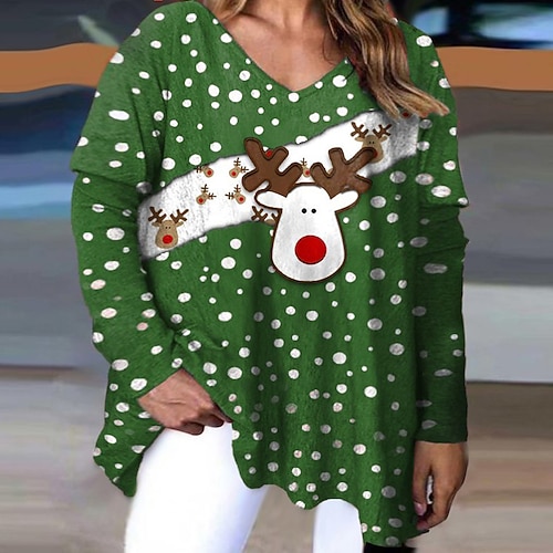 

Women's Plus Size Christmas Tops T shirt Tee Cartoon Deer Print Long Sleeve V Neck Casual Festival Daily Polyester Winter Fall Green Black