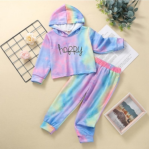 

2 Stück kinderkleidung Mädchen Kapuzenpulli Hose Kleidungsset Outfit Batik Langarm Baumwolle Set Aktiv Modisch Winter Herbst 2-6 Jahre Regenbogen