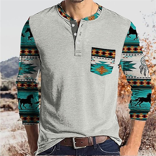 

Herre T-shirt Henley-skjorte T-Shirts Grafisk Tribal Henley Grå 3D-udskrivning udendørs Daglig Langærmet Knap ned Trykt mønster Tøj Basale Designer Afslappet Lomme / Sport