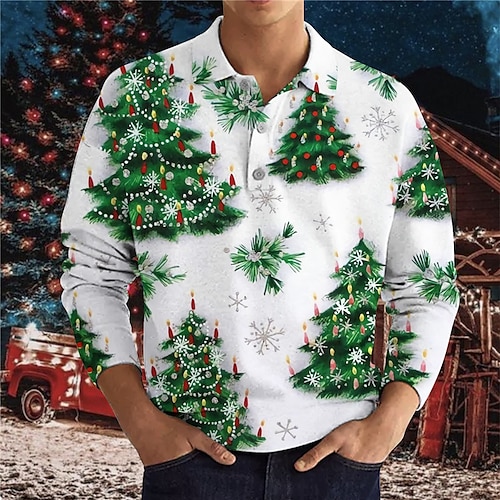 

Men's Collar Polo Shirt Golf Shirt Tree Graphic Prints Turndown Green Light Green Dark Green Red White 3D Print Christmas Street Long Sleeve Button-Down Print Clothing Apparel Fashion Designer Casual