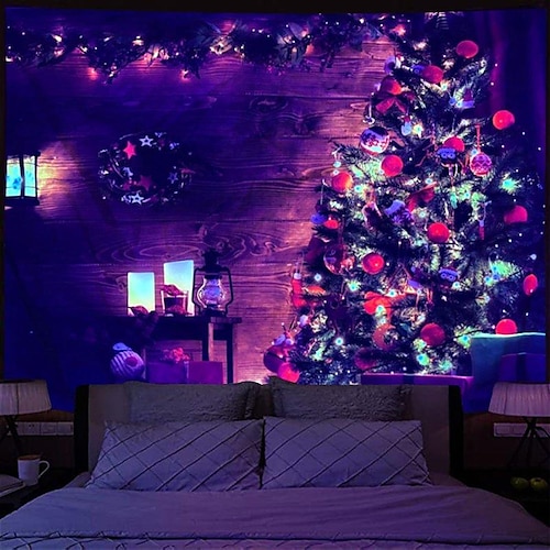 

Christmas Blacklight UV Reactive Tapestry Photography Background Tree Snowman Stocking Tapestry Dormitory Living Room Art Decoration Hanging Cloth Tree Gift Fireplace