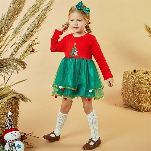 

Kids Girls' Christmas Dress Polka Dot A Line Dress Dress Outdoor Cotton Long Sleeve Cute Dress 3-7 Years Winter Green Red White
