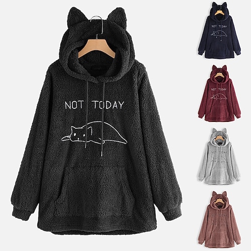 

Inspired by Animal Cat Sweatshirt Cat Ear Fleece Hoodie Not Today Pront Pocket Teddy Plain Button Hoodie For Women's Adults' Hot Stamping Flannel Casual Daily